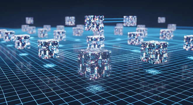 Network of translucent data cubes displaying numerical values, interconnected on a grid. - Powered by Adobe
