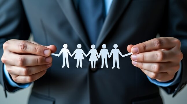 Man in suit holding paper chain of people figures image