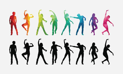 Fototapeta premium Colorful Geometric Silhouettes of Dancers in Various Poses, Expressing Movement and Energy, Perfect for Dance Studios and Fitness Centers on white background