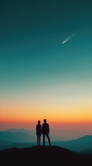 Fototapeta premium Premium Romantic Silhouetted Couple Watching Comet at Sunset on Mountain Peak Inspiring Lifestyle Content for Millennial Travel and Social Media Campaigns