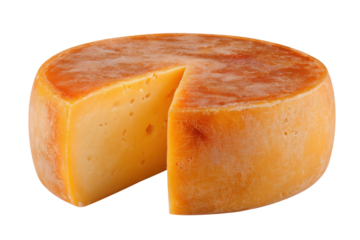 Large round cheese with a slice removed showing yellow interior isolated on a transparent background