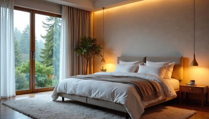 Serene bedroom interior, soft lighting enhances calming atmosphere; plush textiles, muted tones create peaceful retreat for restful sleep , plush, airy