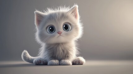 Fluffy Kitten with Big Eyes Sitting in Grey Studio 3D Rendered Digital Art