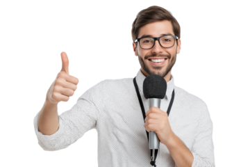 Man with microphone giving thumbs up gesture wearing glasses and white dotted shirt isolated on a transparent background