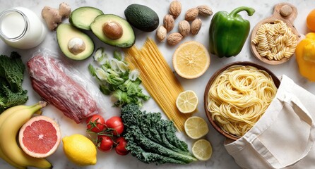 Flatlay of diverse healthy foods including fruits, vegetables, meat, pasta, nuts, and dairy on a marble surface