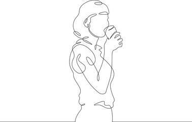 Continuous one line drawing beautiful girl drinks from a glass. Woman drinks water. One continuous line isolated minimal illustration.Not AI.