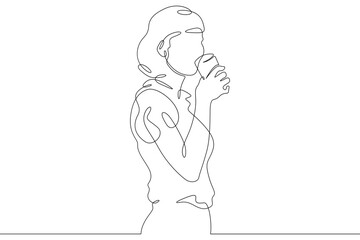 Continuous one line drawing beautiful girl drinks from a glass. Woman drinks water. One continuous line isolated minimal illustration.Not AI.