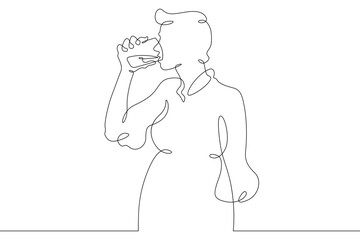 Continuous one line drawing beautiful girl drinks from a glass. Woman drinks water. One continuous line isolated minimal illustration.Not AI.