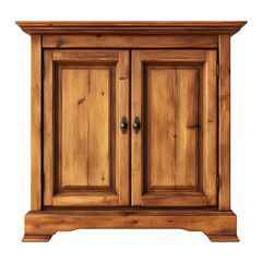 Rustic wooden two door cabinet with ornate handles isolated on transparent background