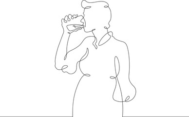 Continuous one line drawing beautiful girl drinks from a glass. Woman drinks water. One continuous line isolated minimal illustration.Not AI.
