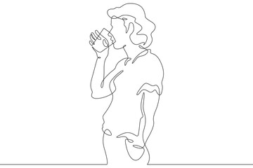Continuous one line drawing beautiful girl drinks from a glass. Woman drinks water. One continuous line isolated minimal illustration.Not AI.