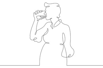 Continuous one line drawing beautiful girl drinks from a glass. Woman drinks water. One continuous line isolated minimal illustration.Not AI.
