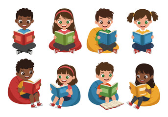 Children Reading Books Together in Library - Flat Vector Scene