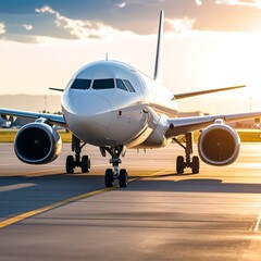 Naklejka premium Airplane taxiing on runway at sunset