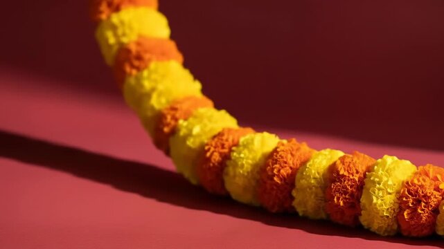 Vibrant Indian Marigold Garland Gently Swaying, Casting a Dynamic Shadow on a Rich Pink Background.