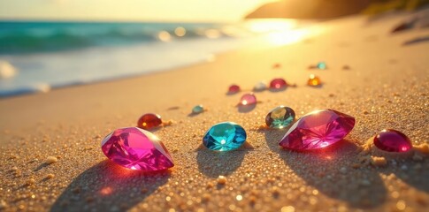 Sun-drenched beach, sparkling jewels scattered across the golden sand, reflecting sunlight A captivating scene of natural beauty and treasure , shoreline, rocks, shine