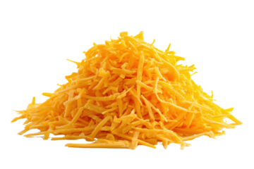 Pile of shredded cheddar cheese with fine strands on black isolated on a transparent background grated