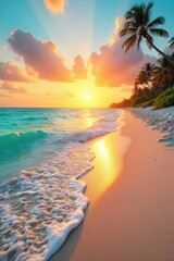 Sun-kissed sand, turquoise waves gently lapping the shore, a quintessential Florida beach scene at sunset Perfect for travel brochures and tourism websites , horizon, relaxation
