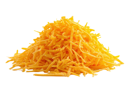 Pile of shredded cheddar cheese with fine strands on black isolated on a transparent background grated