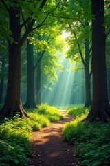 Obraz premium A serene, sun-dappled clearing in a forest, encircled by ancient trees forming a natural, protective ring Perfect for themes of peace, sanctuary, and spiritual connection , light, mystical, evergreen