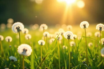 Vast field of fluffy dandelion clocks swaying gently in a summer breeze, bathed in golden sunlight Perfect for nature, springtime, or whimsical themes , blowing, texture
