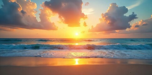 Vast, endless horizon of a tranquil beach at sunset Golden light paints the sky and sea, creating a serene and peaceful atmosphere Perfect for travel, vacation, or nature themes , color, sea, rays
