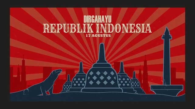 Looping 4K animation celebrating Indonesia&rsquo;s Independence Day, featuring Borobudur, Monas, Komodo, and a retro red sunburst background with bold text. Translate: Longevity Republic of Indonesia.
