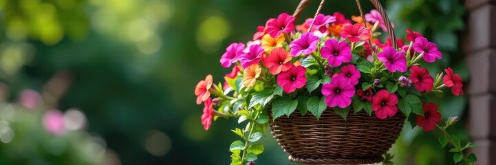 Vibrant petunias and trailing ivy overflow from a rustic, woven hanging basket, creating a lush display of summer color perfect for garden decor or patio ambiance , bloom, pretty flowers