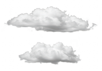 Two fluffy white cumulus clouds isolated on a plain transparent background, representing weather and sky elements