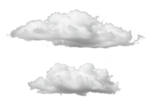 Two fluffy white cumulus clouds isolated on a plain transparent background, representing weather and sky elements