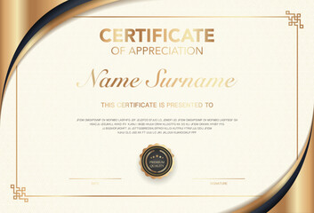 Modern certificate of appreciation template with elegant gold and black design, premium quality badge, customizable name and signature area, perfect for awards, achievement or recognition.