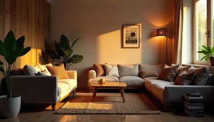 A warm, inviting glow illuminates a cozy interior scene, highlighting textures and shadows Perfect for home decor, interior design, and lifestyle projects , spotlight, table lamp