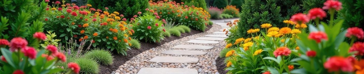 A winding garden path adorned with vibrant flowers, decorative stones, and lush greenery, creating a charming and inviting walkway , flowers, exterior design