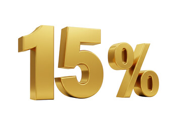 A shiny golden 3d render of the number 15 with a percent sign, isolated on a transparent background, symbolizing a discount