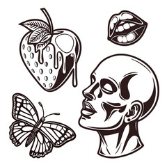Naklejka premium Vector art of a vintage tattoo design featuring a strawberry, womans skull, butterfly, and lips in black and white