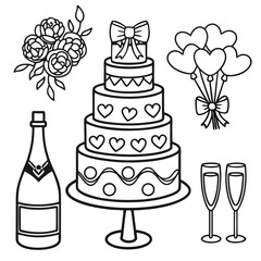 Vector art of elegant wedding cake with heart decorations, champagne, glasses, and a bouquet of roses vector