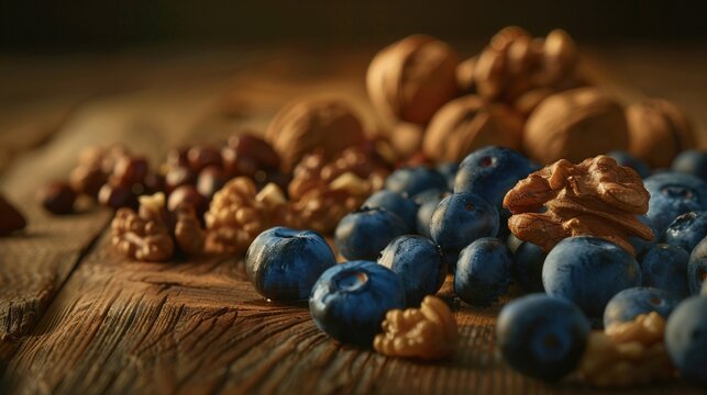Fresh blueberries and walnuts arranged on wooden table, healthy brain food concept for memory improvement and Alzheimer prevention, superfood nutrition and wellness lifestyle.
 - Powered by Adobe