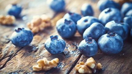 Fresh blueberries and walnuts arranged on wooden table, healthy brain food concept for memory improvement and Alzheimer prevention, superfood nutrition and wellness lifestyle.
