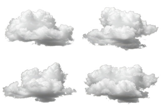 Four fluffy white cumulus clouds floating in the sky, isolated on a transparent background