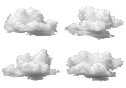 Four fluffy white cumulus clouds floating in the sky, isolated on a transparent background