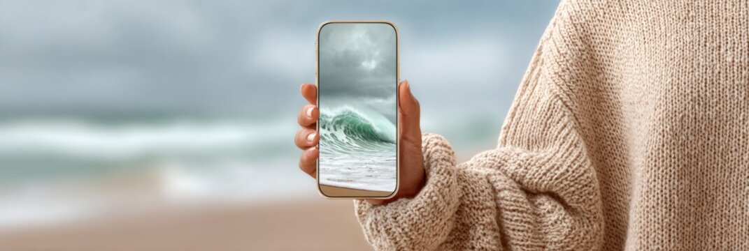 Modern Smartphone Displaying Typhoon Warning with Stormy Ocean Background Premium Real-Time Weather Alert for Safety and Emergency Marketing Campaigns