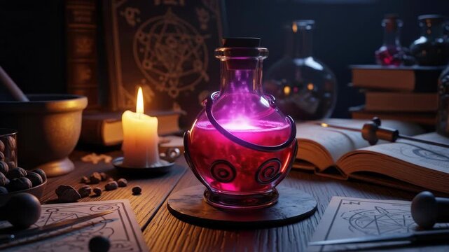 Magical potion with pink liquid glowing on wooden table, surrounded by books and candle light. Magic, potion, candle, books, table, wooden, liquid, pink, glass.