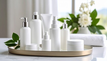 Beauty treatment products over gray background. Natural and organic body care