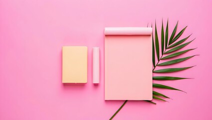Pink notebook and pen with a green leaf on pink background