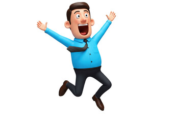 A joyful cartoon man in a blue shirt and tie jumping with excitement, isolated on transparent background