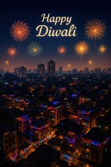 Diwali celebration background with indian city at night and fireworks.