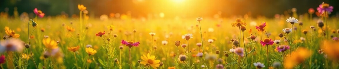 Obraz premium Golden hour sunlight bathes a vibrant summer field, wildflowers in bloom, swaying gently in the breeze A tranquil scene of rural beauty, perfect for summer themes , horizon, purple
