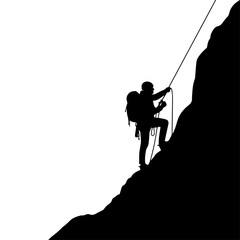 Obraz premium Silhouette of a climber ascending a steep mountain using a rope.