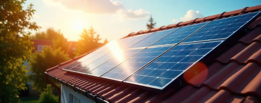 High-efficiency solar panels installed on a residential rooftop, angled optimally for maximum sunlight absorption Clean energy, sustainable technology, future of power , photovoltaic, sun