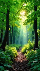 Obraz premium Lush green forest scene, sunlight dappling through leaves, vibrant foliage, peaceful nature Perfect for environmental, nature, and travel projects , wallpaper, backdrop
